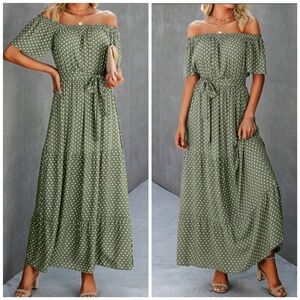 New Chic Polka Dot Off Shoulder Maxi Dress Green White